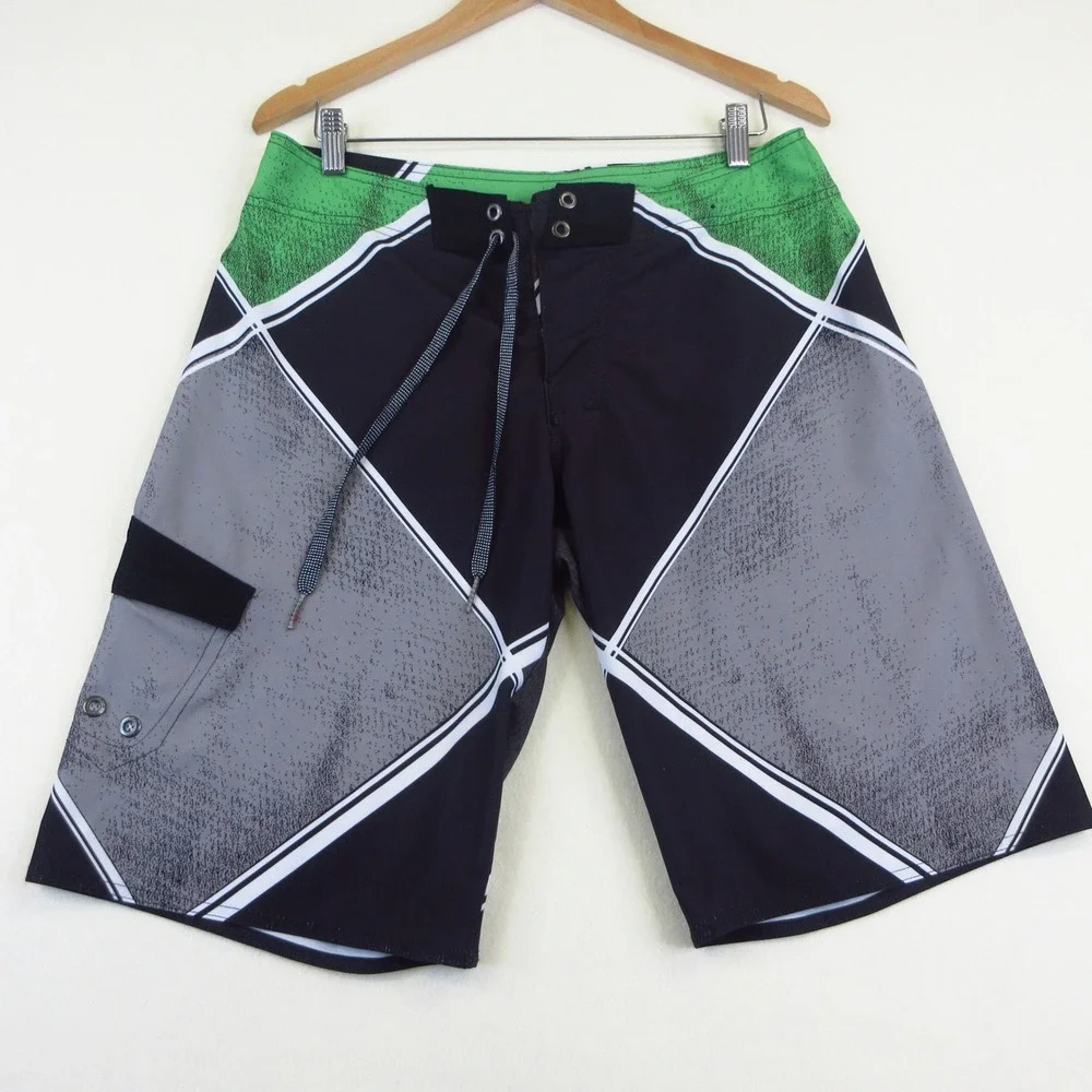 Tony Hawk Board Shorts Mens‎ 30 Black Green Geometric Performance Surf Swim